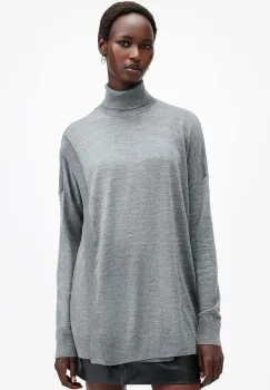 AllSaints pulover de lana BERN WRAP JUMPER femei, culoarea gri, cu guler, W028KB imagine