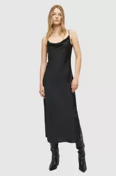 AllSaints rochie culoarea negru, midi, drept imagine
