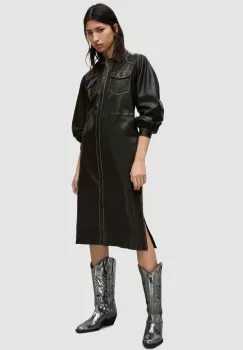 AllSaints rochie de piele culoarea negru, midi, drept imagine