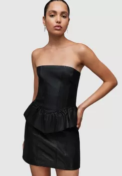 AllSaints rochie de piele WL068Z CASSIE LEA RUFFLE DR culoarea negru, mini, mulata imagine