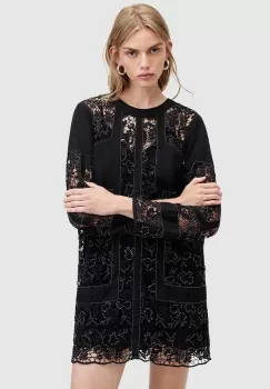 AllSaints rochie din amestec de in NOUSH EMB DRESS culoarea negru, mini, drept, WD591Z imagine