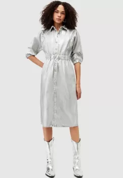 AllSaints rochie din bumbac OSA DENIM culoarea argintiu, midi, drept, W080DA imagine