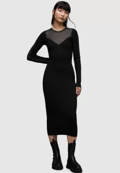 AllSaints rochie Flete culoarea negru, midi, mulata imagine