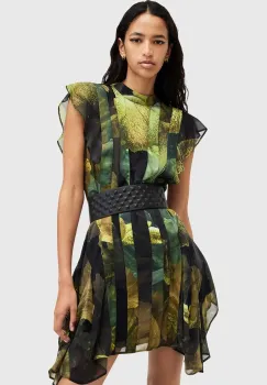 AllSaints rochie FLEUR culoarea verde, mini, evazati, W027DB imagine