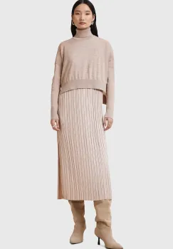 AllSaints rochie si pulover VITTORIA culoarea bej, midi, drept, W030DC imagine