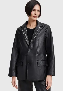AllSaints sacou de piele CORINNA culoarea negru, un singur rand de nasturi, W037LC imagine