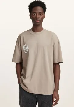 AllSaints tricou din bumbac ORLANDO SS barbati, culoarea bej, cu imprimeu, M022PA imagine