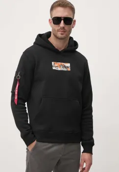 Alpha Industries bluza barbati, culoarea negru, cu gluga, cu imprimeu, 148338 imagine