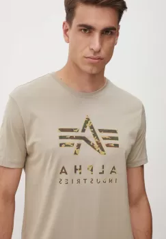 Alpha Industries tricou din bumbac barbati, culoarea bej, cu imprimeu, 146506 imagine