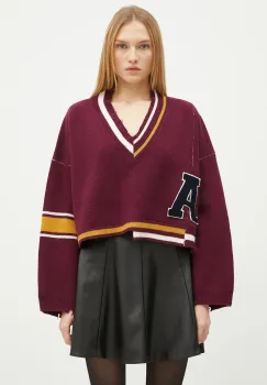 AMBUSH pulover de lana Damaged Rib V Neck Sweater femei, culoarea bordo, calduros, BWHD002F24KNI0012846 imagine