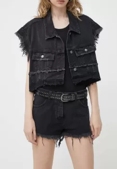 Aniye By pantaloni scurti jeans femei, culoarea negru, neted, medium waist, 185410 imagine