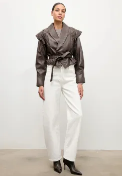 Answear.LAB geaca de piele culoarea maro, de tranzitie, oversize imagine