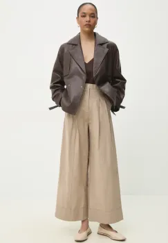 Answear Lab pantaloni de bumbac femei, culoarea bej, lat, high waist imagine