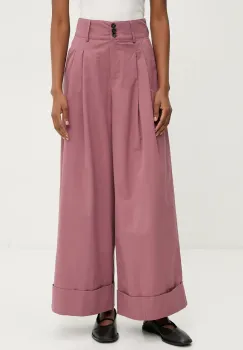 Answear Lab pantaloni de bumbac femei, culoarea roz, drept, high waist imagine