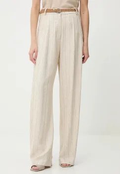 Answear Lab pantaloni din amestec de in culoarea bej, lat, high waist imagine
