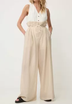 Answear Lab pantaloni din in culoarea bej, drept, high waist imagine