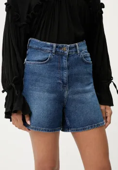 Answear Lab pantaloni scurti jeans culoarea albastru marin, neted, high waist imagine
