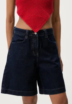 Answear Lab pantaloni scurti jeans culoarea albastru marin, neted, high waist imagine
