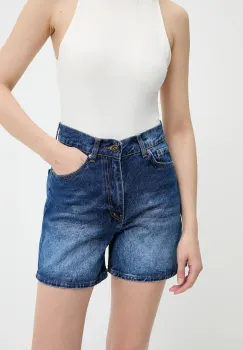 Answear Lab pantaloni scurti jeans culoarea albastru marin, neted, high waist imagine