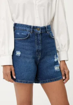 Answear Lab pantaloni scurti jeans culoarea albastru marin, neted, high waist imagine