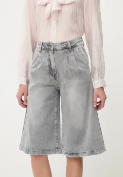 Answear Lab pantaloni scurti jeans culoarea gri, neted, high waist imagine