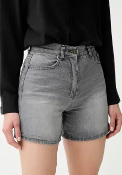 Answear Lab pantaloni scurti jeans culoarea gri, neted, high waist imagine