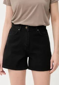 Answear Lab pantaloni scurti jeans culoarea negru, neted, high waist imagine