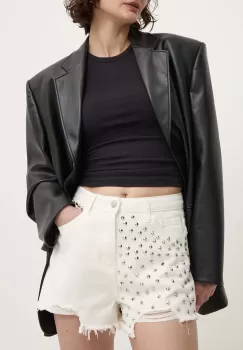 Answear Lab pantaloni scurti jeans femei, culoarea alb, cu imprimeu, high waist imagine