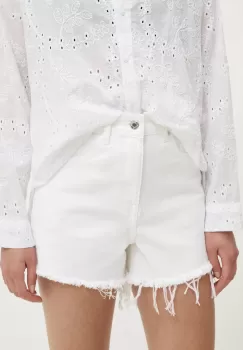 Answear Lab pantaloni scurti jeans femei, culoarea alb, neted, high waist imagine