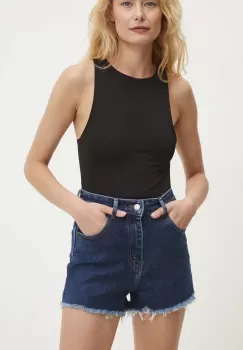 Answear Lab pantaloni scurti jeans femei, culoarea albastru marin, neted, high waist imagine