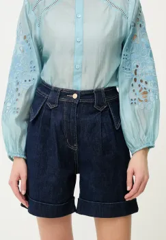 Answear Lab pantaloni scurti jeans femei, culoarea albastru marin, neted, high waist imagine