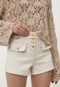 Answear Lab pantaloni scurti jeans femei, culoarea bej, neted, high waist imagine