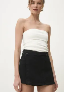 Answear Lab pantaloni scurti jeans femei, culoarea negru, neted, high waist imagine