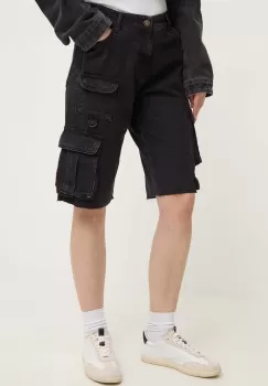Answear Lab pantaloni scurti jeans femei, culoarea negru, neted, high waist imagine