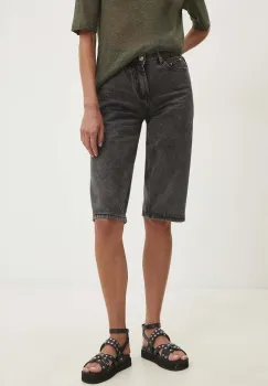 Answear Lab pantaloni scurti jeans femei, culoarea negru, neted, high waist imagine