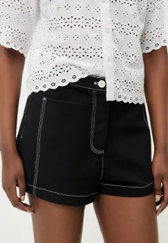 Answear Lab pantaloni scurti jeans femei, culoarea negru, neted, high waist imagine