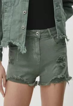 Answear Lab pantaloni scurti jeans femei, culoarea verde, neted, high waist imagine