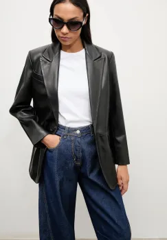 Answear.LAB sacou de piele culoarea negru, un singur rand de nasturi, neted imagine