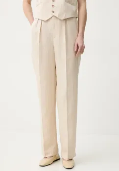 BA&SH pantaloni din amestec de in PEANUT femei, culoarea bej, drept, high waist, 1E25PEAN imagine