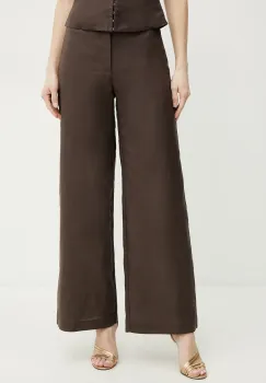 Bardot pantaloni din in ENYA femei, culoarea maro, lat, high waist, 58427PB3 imagine