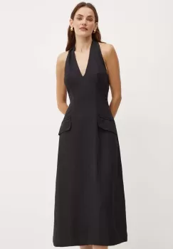 Bardot rochie din amestec de in REINA culoarea negru, midi, evazati, 59365DB imagine