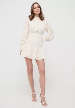 Bardot rochie din bumbac culoarea bej, mini, evazati imagine