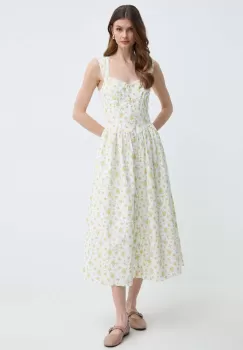 Bardot rochie din in culoarea galben, midi, evazati imagine