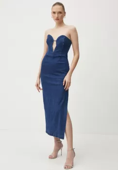 Bardot rochie jeans ELENI culoarea albastru marin, maxi, mulata, 91391DB imagine