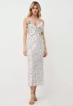 Bardot rochie OLEA culoarea bej, maxi, evazati, 59176DB imagine