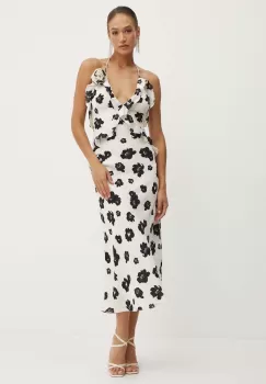 Bardot rochie OLEA culoarea bej, maxi, evazati, 59176DB2 imagine