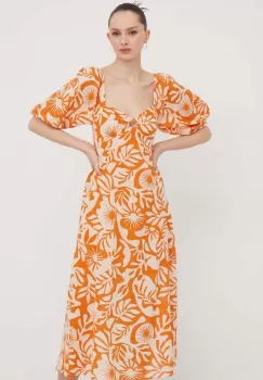 Billabong rochie din bumbac culoarea portocaliu, midi, evazati imagine