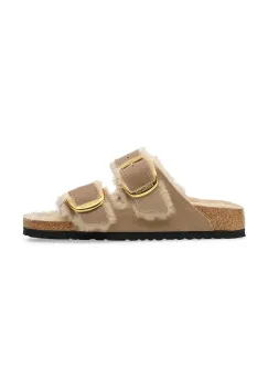 Birkenstock papuci din piele intoarsa Arizona Big Buckle Shearling culoarea bej, 1030384 imagine