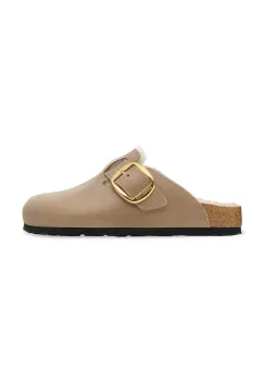 Birkenstock papuci din piele intoarsa Arizona Big Buckle Shearling culoarea bej, 1030444 imagine