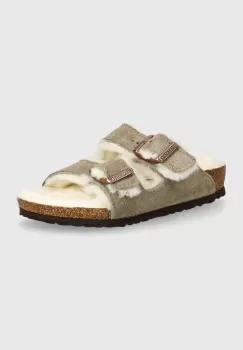 Birkenstock papuci din piele intoarsa pentru copii Arizona Shearling culoarea bej, 1028689 imagine